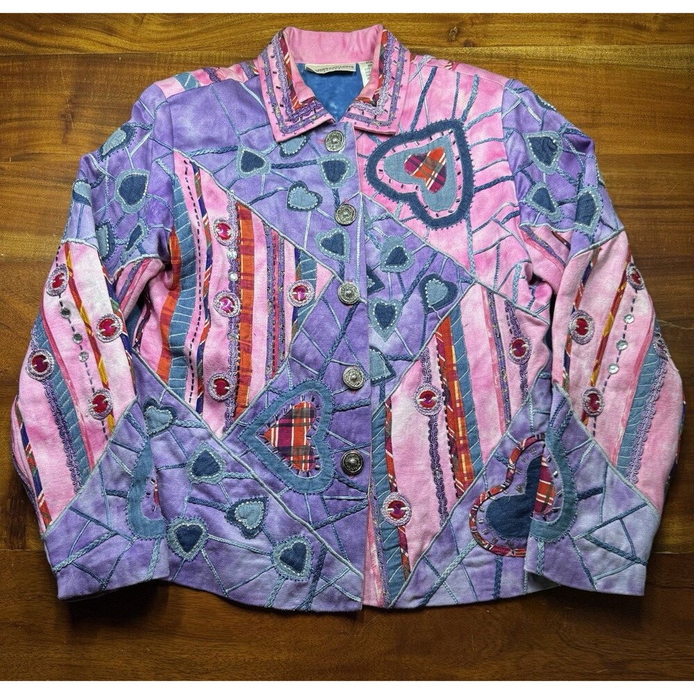 Drapers & Damons VTG Art to Wear Patchwork Jacket Denim Hearts Beaded Pink PM